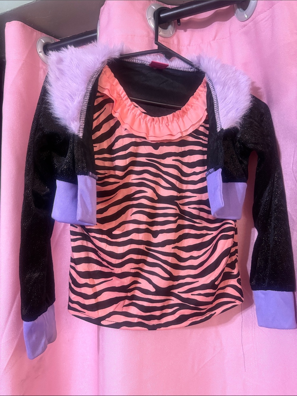 Girls Pink Zebra Print Top with Lavender Faux-Fur Trim Hoodie